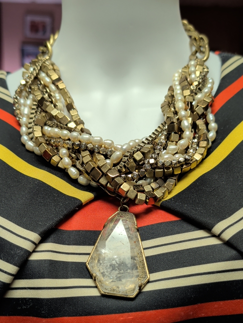 Ann Taylor Layered Pearl and Gold-Tone Crystal Pendant Necklace